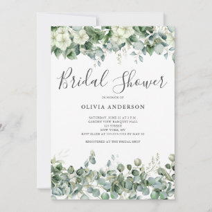 Elegant Eucalyptus White Foral Bridal Shower Invitation