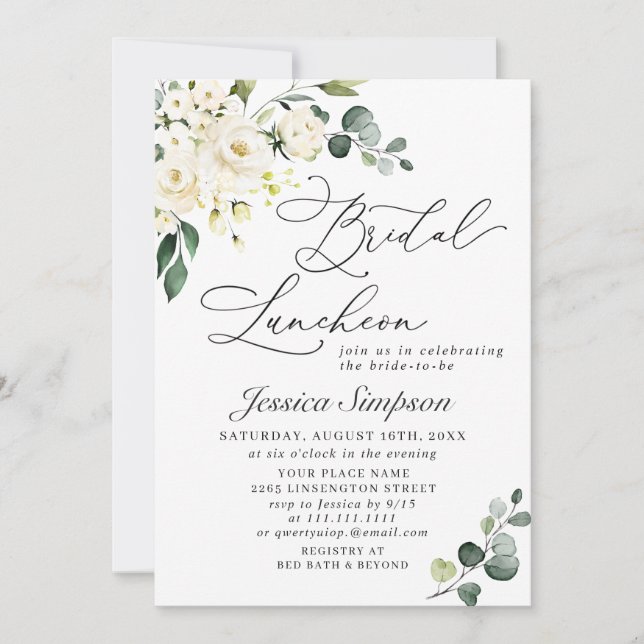 Elegant Eucalyptus White Roses Bridal Luncheon Invitation (Front)