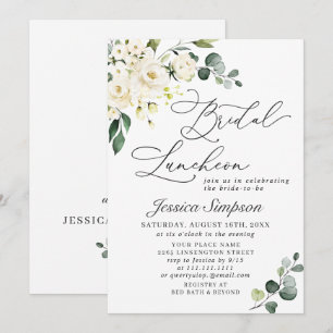 Elegant Eucalyptus White Roses Bridal Luncheon Invitation
