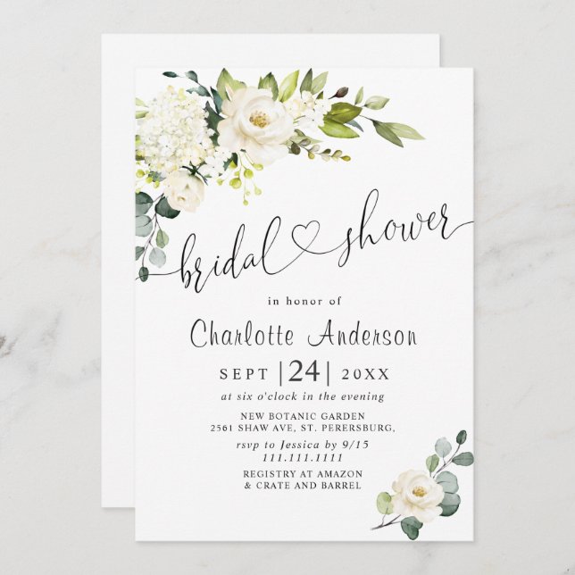 Elegant Eucalyptus White Roses Bridal Shower Invitation (Front/Back)