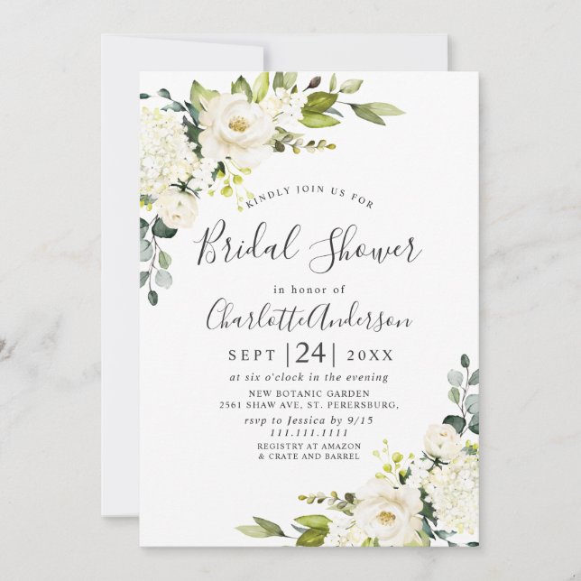 Elegant Eucalyptus White Roses Bridal Shower Invitation (Front)