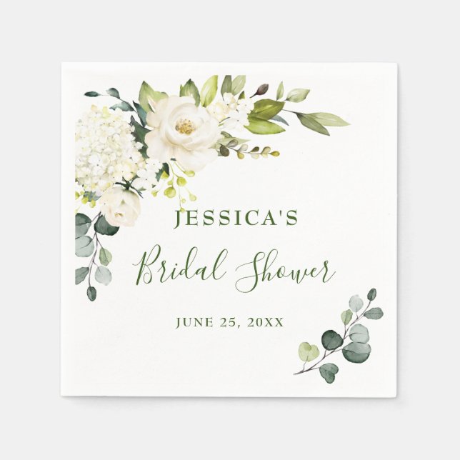 Elegant Eucalyptus White Roses Bridal Shower Napkin (Front)