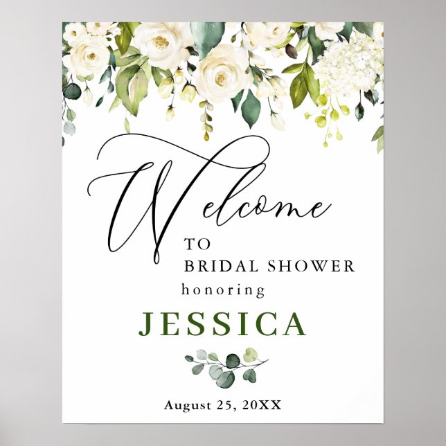 Elegant Eucalyptus White Roses Bridal Shower Poster (Front)
