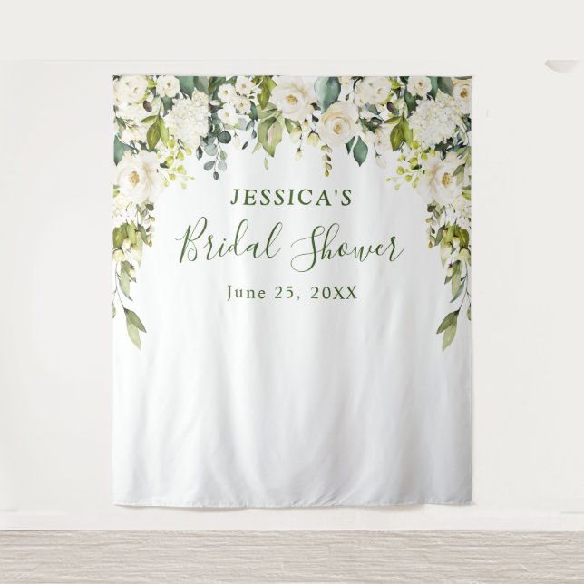 Elegant Eucalyptus White Roses Bridal Shower Tapestry (Front)