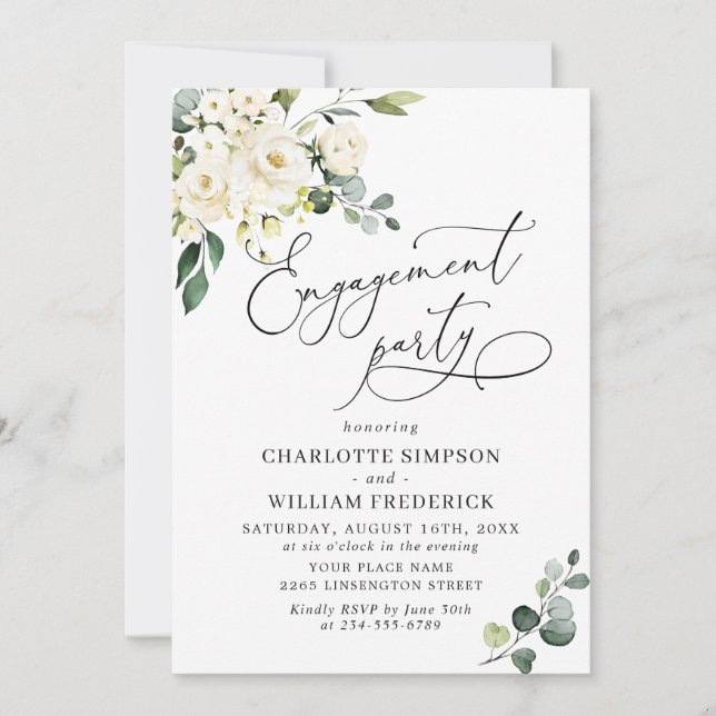 Elegant Eucalyptus White Roses ENGAGEMENT PARTY Invitation (Front)