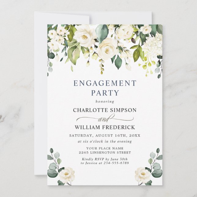 Elegant Eucalyptus White Roses ENGAGEMENT PARTY Invitation (Front)