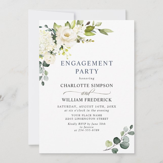 Elegant Eucalyptus White Roses ENGAGEMENT PARTY Invitation (Front)