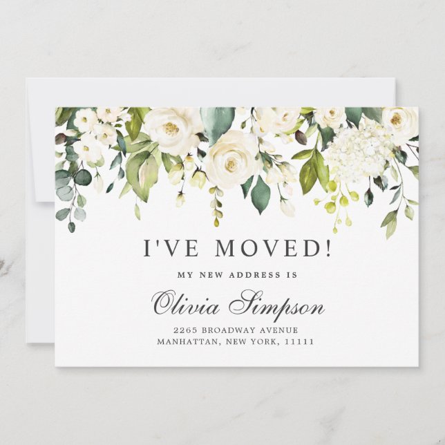 Elegant Eucalyptus White Roses Floral Moving Announcement (Front)