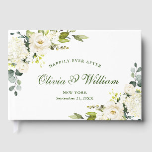 Elegant Eucalyptus White Roses Floral Wedding Guest Book