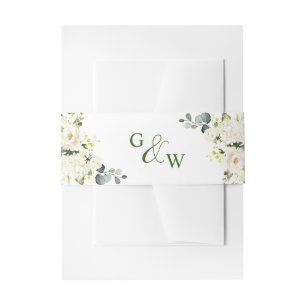 Elegant Eucalyptus White Roses Floral Wedding Invitation Belly Band