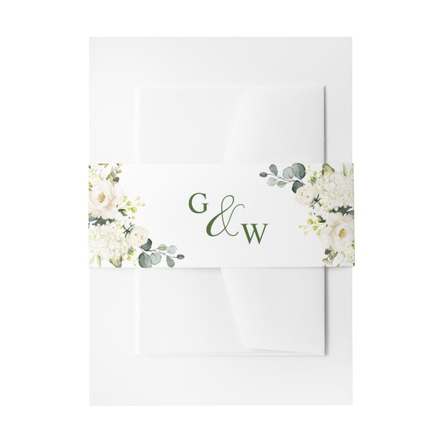 Elegant Eucalyptus White Roses Floral Wedding Invitation Belly Band (Front Example)