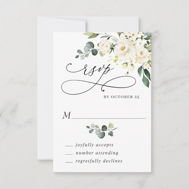 Elegant Eucalyptus White Roses Floral Wedding RSVP Card (Front)