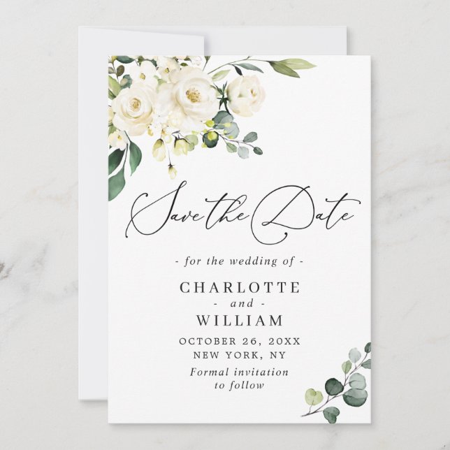 Elegant Eucalyptus White Roses Floral Wedding Save The Date (Front)
