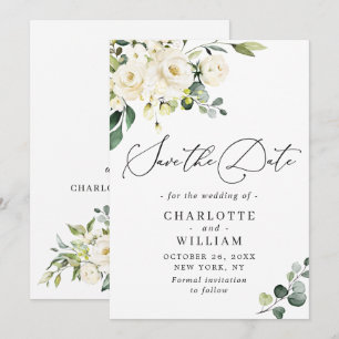 Elegant Eucalyptus White Roses Floral Wedding Save The Date