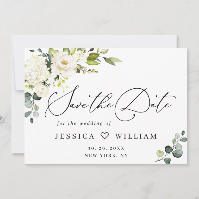 Elegant Eucalyptus White Roses Floral Wedding Save The Date (Front)
