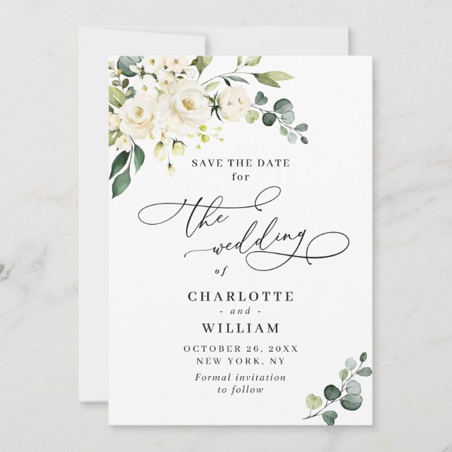 Elegant Eucalyptus White Roses Floral Wedding Save The Date (Front)