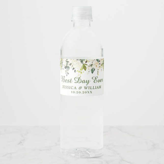 Elegant Eucalyptus White Roses Floral Wedding Water Bottle Label (Front)