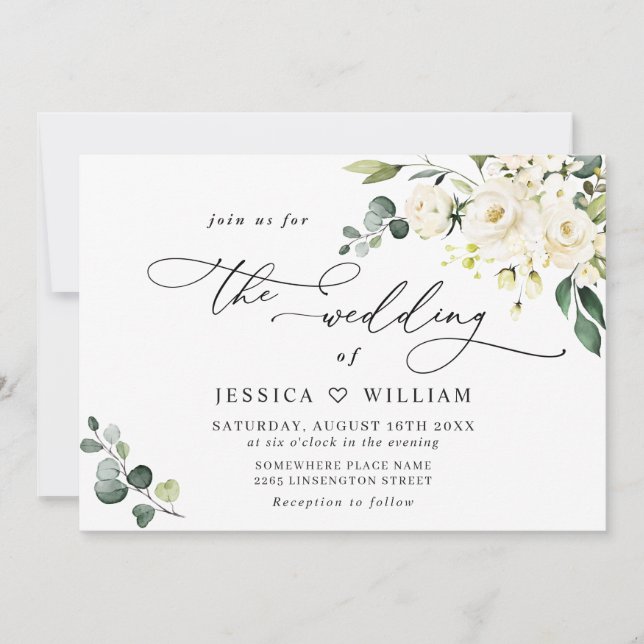 Elegant Eucalyptus White Roses Greenery Wedding Invitation (Front)