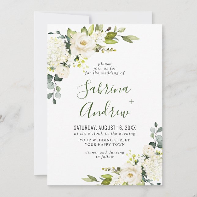 Elegant Eucalyptus White Roses Greenery Wedding Invitation (Front)