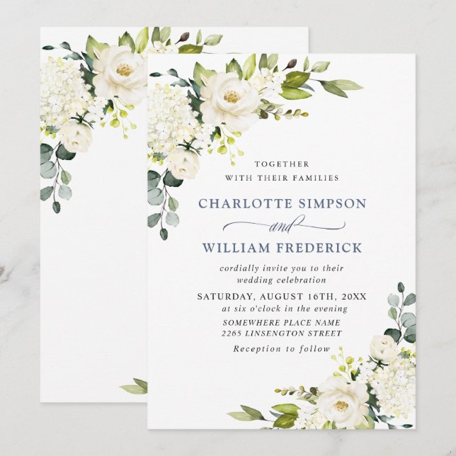 Elegant Eucalyptus White Roses Greenery Wedding Invitation (Front/Back)