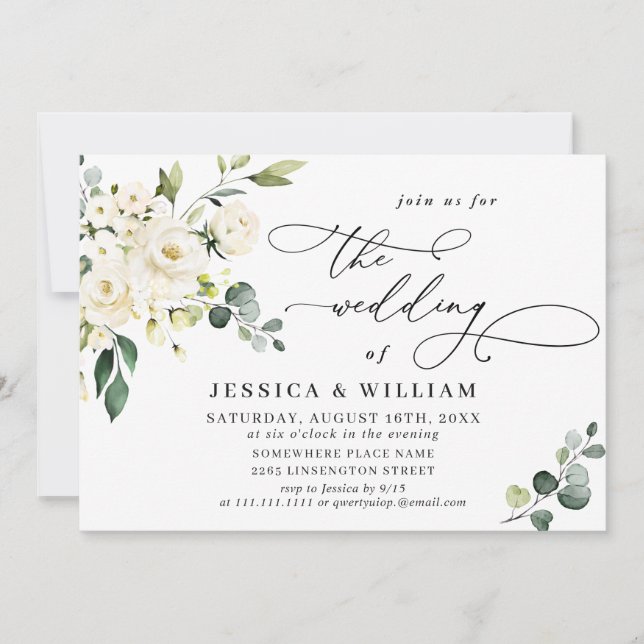 Elegant Eucalyptus White Roses Greenery Wedding Invitation (Front)