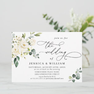 Elegant Eucalyptus White Roses Greenery Wedding Invitation