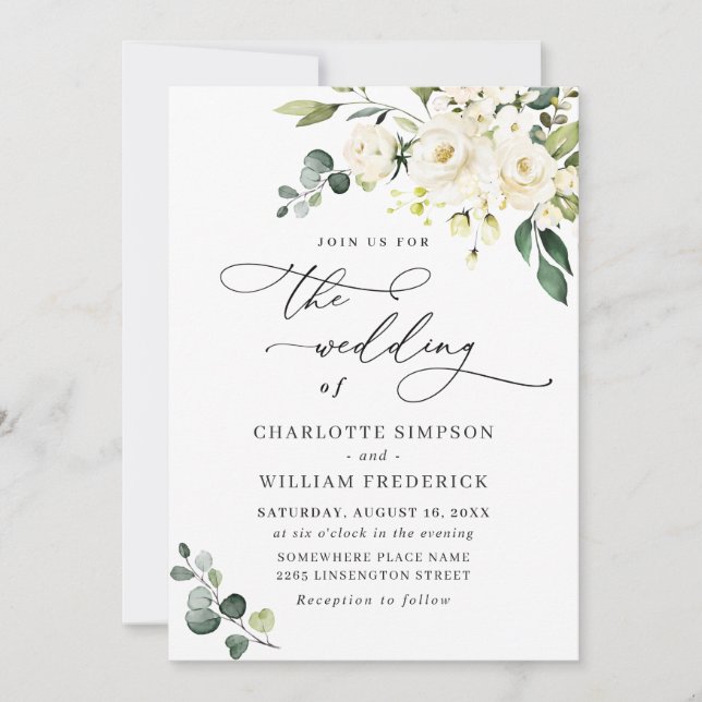 Elegant Eucalyptus White Roses Greenery Wedding Invitation (Front)