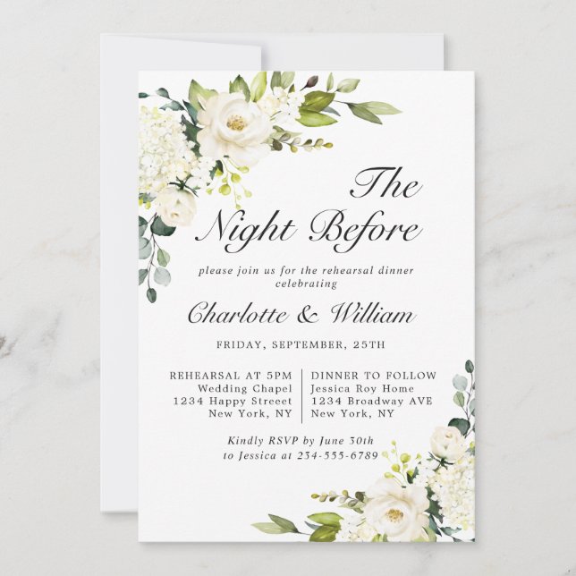 Elegant Eucalyptus White Roses REHEARSAL DINNER Invitation (Front)