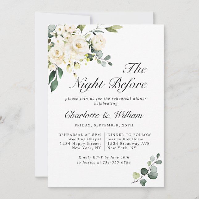Elegant Eucalyptus White Roses REHEARSAL DINNER Invitation (Front)