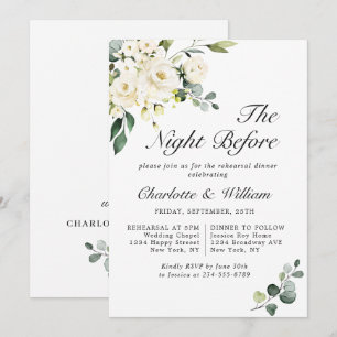 Elegant Eucalyptus White Roses REHEARSAL DINNER Invitation