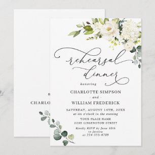 Elegant Eucalyptus White Roses REHEARSAL DINNER Invitation