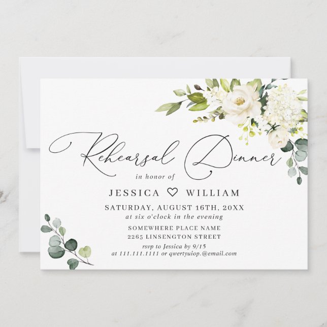 Elegant Eucalyptus White Roses REHEARSAL DINNER Invitation (Front)