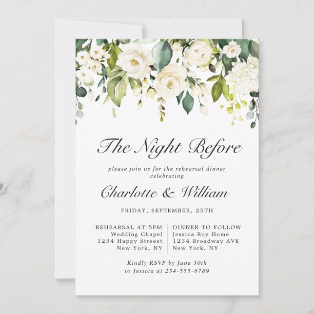 Elegant Eucalyptus White Roses REHEARSAL DINNER Invitation (Front)