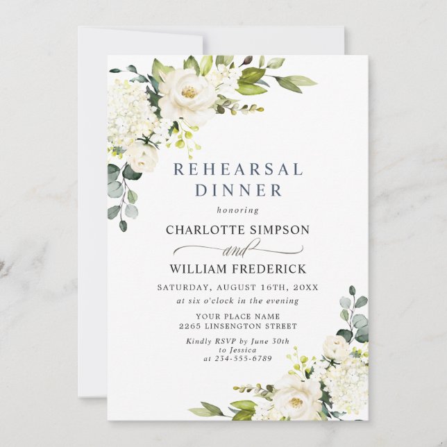 Elegant Eucalyptus White Roses REHEARSAL DINNER Invitation (Front)