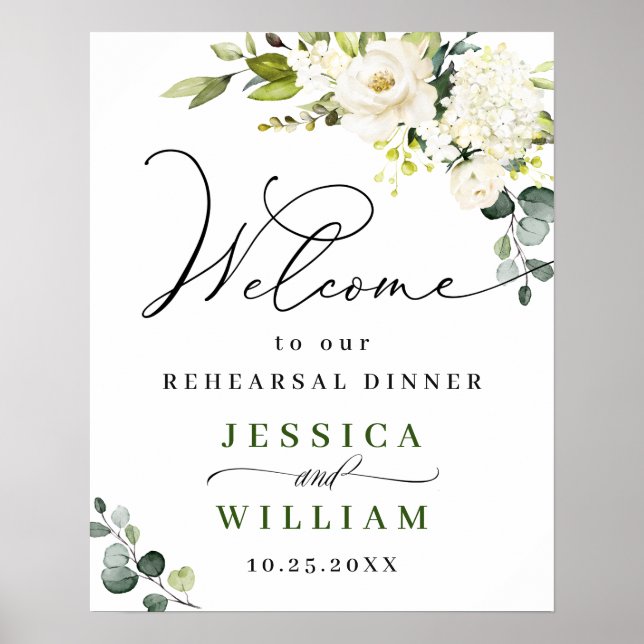Elegant Eucalyptus White Roses Rehearsal Dinner Poster (Front)
