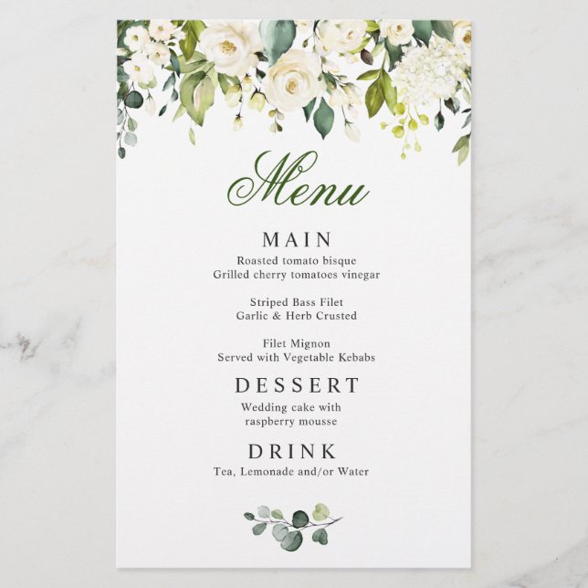 Elegant Eucalyptus White Roses Wedding Dinner Menu (Front)