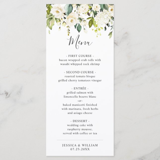 Elegant Eucalyptus White Roses Wedding Dinner Menu (Front)