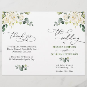 Elegant Eucalyptus White Roses Wedding Program