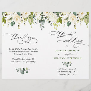 Elegant Eucalyptus White Roses Wedding Program