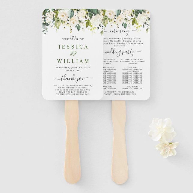 Elegant Eucalyptus White Roses Wedding Program Hand Fan (Front and Back)