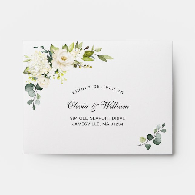 Elegant Eucalyptus White Roses Wedding RSVP Envelope (Front)