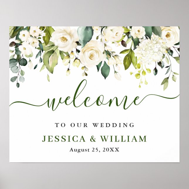 Elegant Eucalyptus White Roses Wedding Welcome Poster (Front)