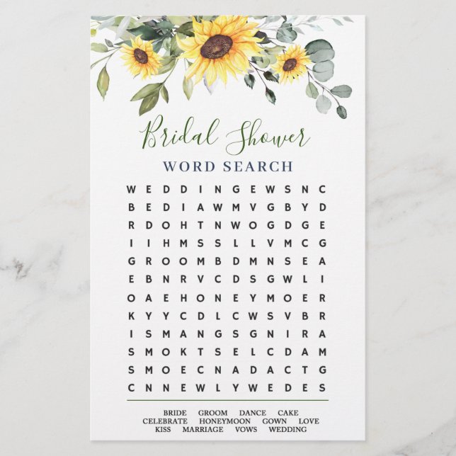Elegant Eucalyptus Word Search Bridal Shower Game (Front)
