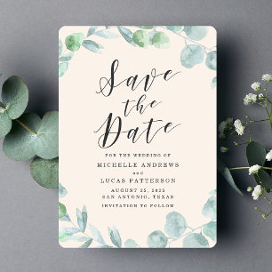 Elegant Eucalyptus Wreath Cream Save the Date Card