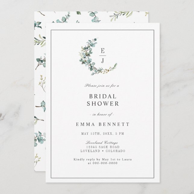 Elegant Eucalyptus Wreath Monogram Bridal Shower Invitation (Front/Back)