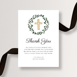 Elegant Eucalyptus Wreath Religious Cross Funeral Thank You Card