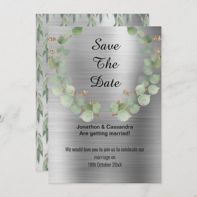 ELEGANT EUCALYPTUS WREATH SILVER SAVE THE DATE (Front/Back)