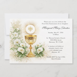 Elegant Eucharist First Communion Floral Invitation