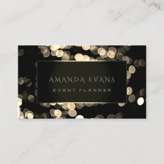 Elegant Event Planner Black Framed Gold Sprkly Business Card (Front)