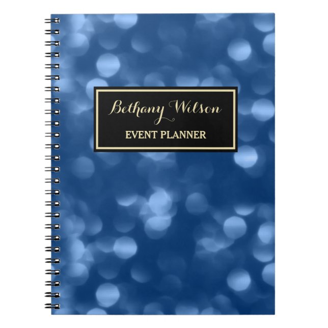 Elegant Event Planner Glamourous Blue Luxe Bokeh Spiral Notebook (Front)